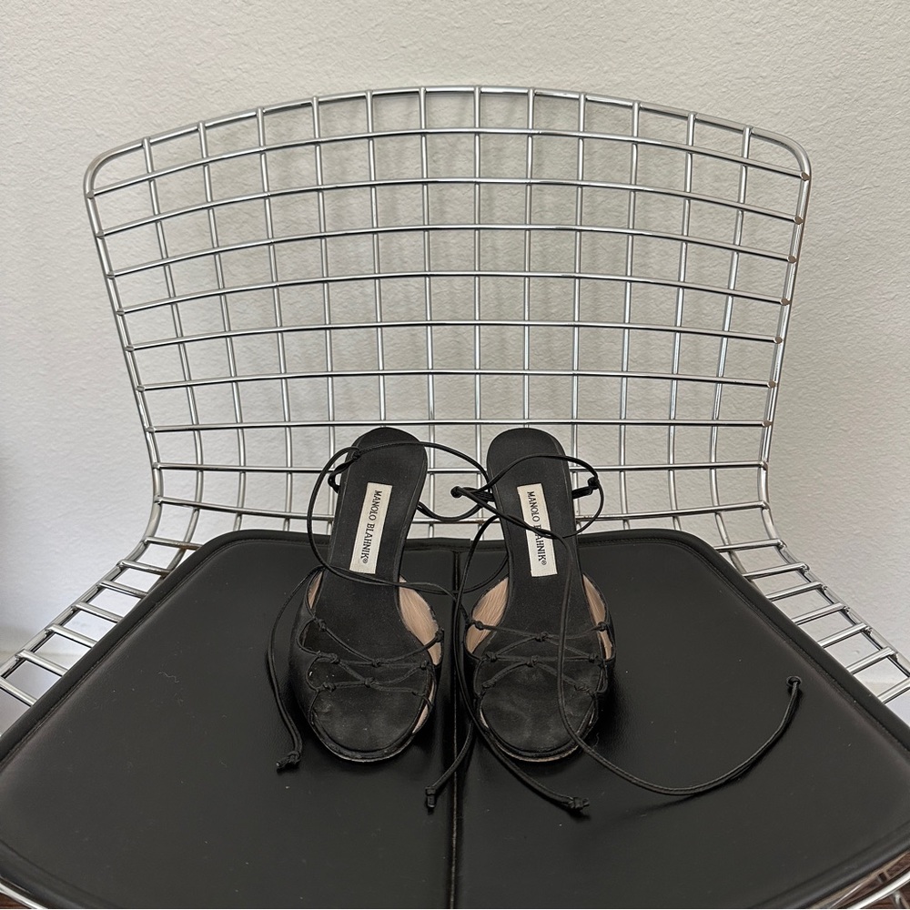 Manolo Blahnik Black Lace-Up Sandal Heels